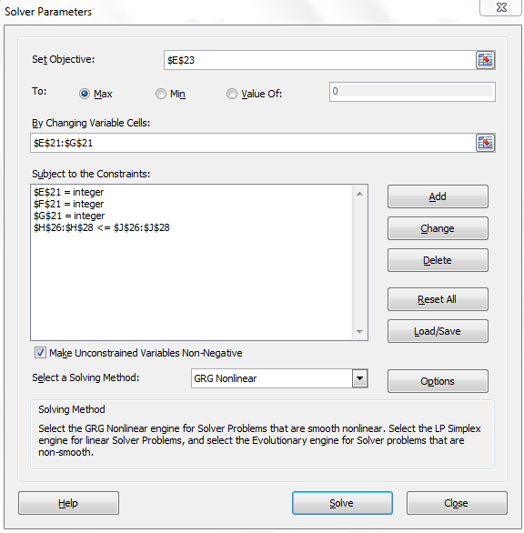 Excel LP modeling multipurpose plant
